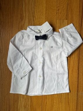 Mayoral White Button-Front Dress Shirt with Navy Bow